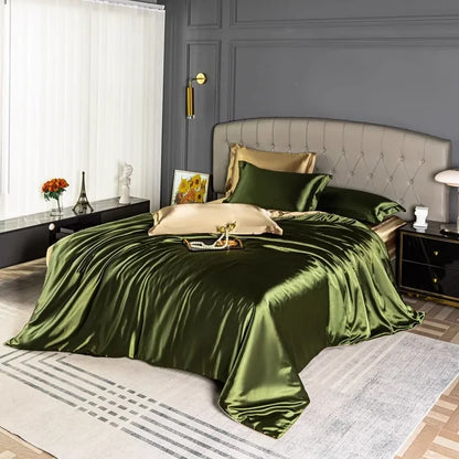 Natural Mulberry Silk Bedding Set Cover Fitted/Flat Bed Sheet,  2 Pillowcases, Luxury Satin Bedsheet,  Solid Colors  King, Queen,  Twin Size