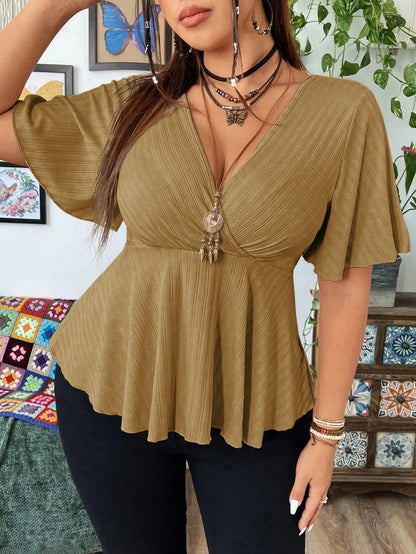 Plus Size (0XL though 6XL),  Ribbed Knit Tops  with Deep V Neck,  Flutter Sleeve, Peplum Blouse with  Curved Hem .