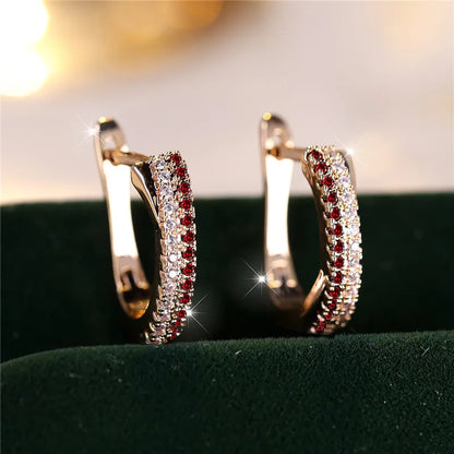 Luxury Female Red Zircon Stone Clip Earrings Charm Gold Color Weddings, MOTHERS DAY, and everday wear Jewelry For Women
