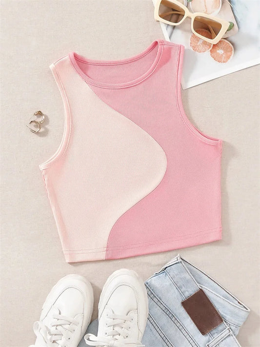 Women's Ribbed Knit Tan Tank Top O-neck Sleeveless Cute Baby Tee, Summer Patchwork Color Block Crop Top T Shirt.  Tan color ONLY available S, M, L.  Pink is OUT-OF-STOCK.