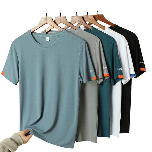 Men's Summer Ice Silk T-shirts, Round Neck, Thin, Breathable,  Quick Drying