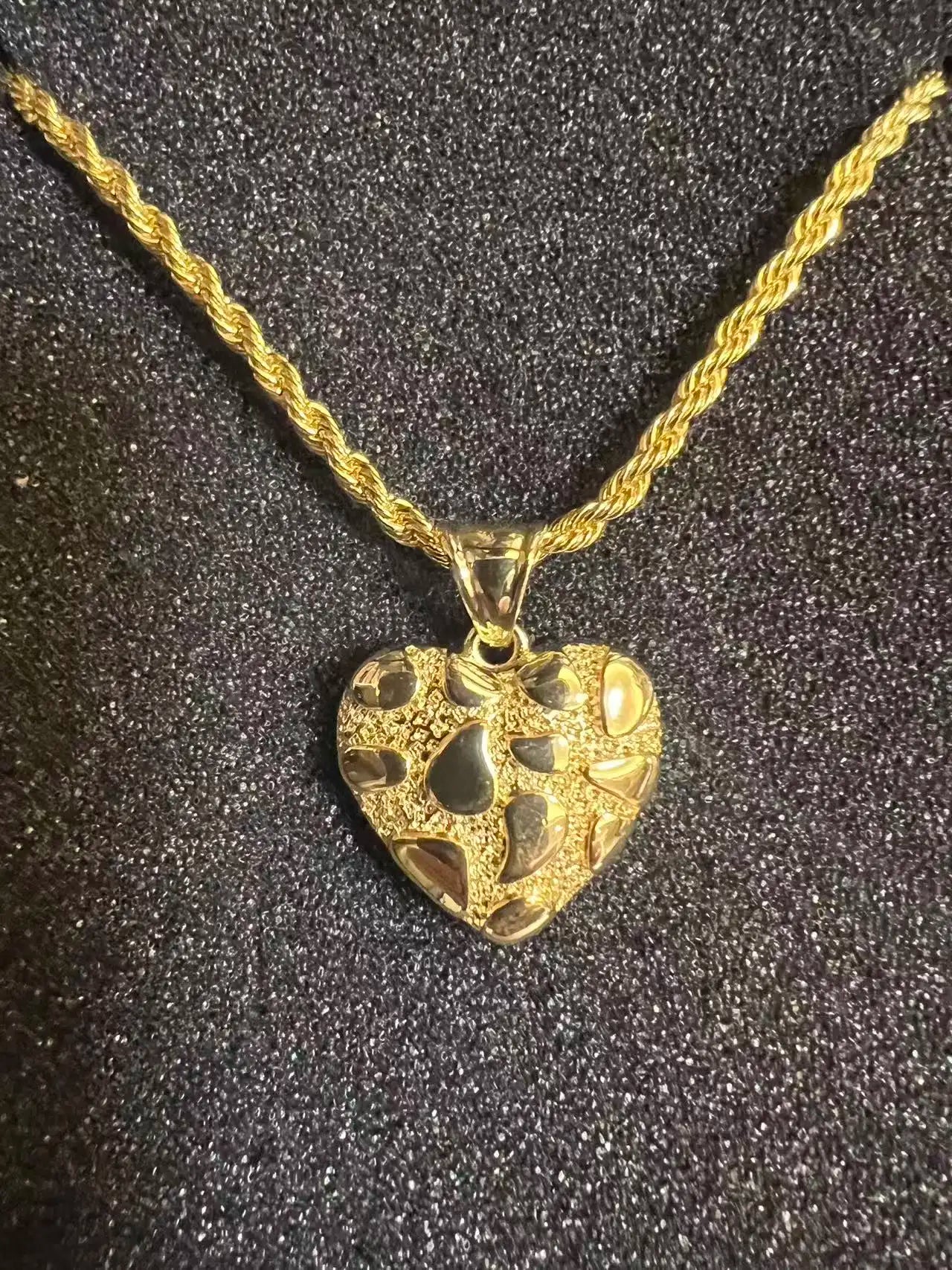 18K Gold Filled Rope Chain Necklace Nugget Heart Pendant