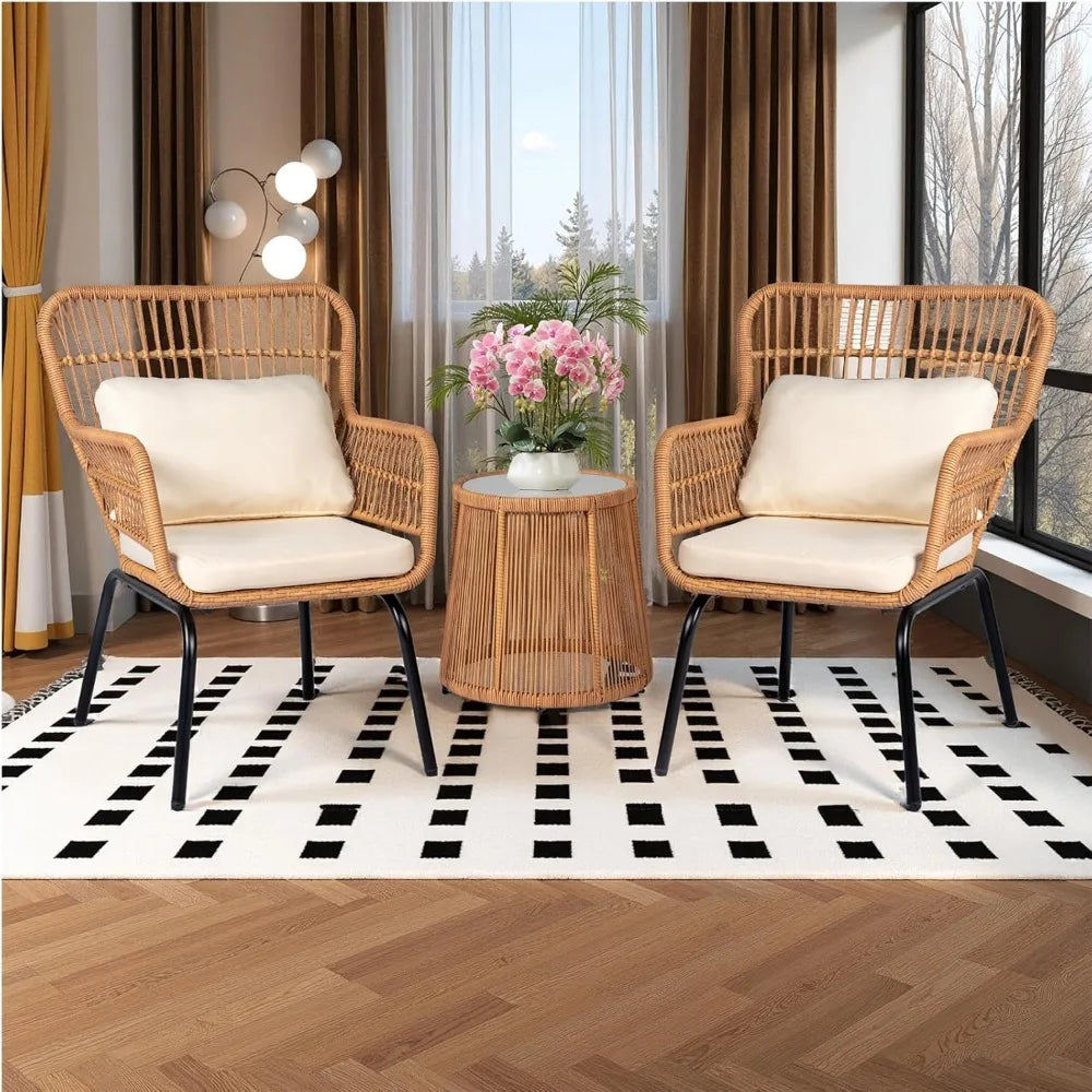3 Piece Outdoor Wicker Bistro Set, Patio Conversation Sets w/2 Large Rattan Chairs and Tempered Glass Table, Patio Furniture. Small enough for a small porch or Garden Area