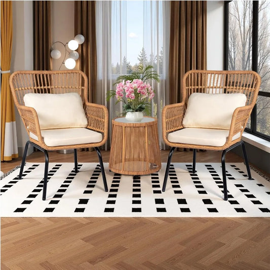 3 Piece Outdoor Wicker Bistro Set, Patio Conversation Sets w/2 Large Rattan Chairs and Tempered Glass Table, Patio Furniture. Small enough for a small porch or Garden Area