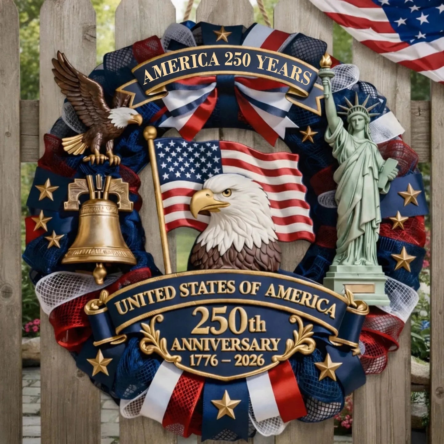 16 Inch 250th Anniversary Patriotic Wreath.  American Flag Theme,  Garland for Patriotic  Day s.  Window /Wall Decoration