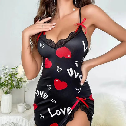 Lace Edge V-Neck Sling Side Split Sleepwear.   Women's Printed Love Letter in  Black.