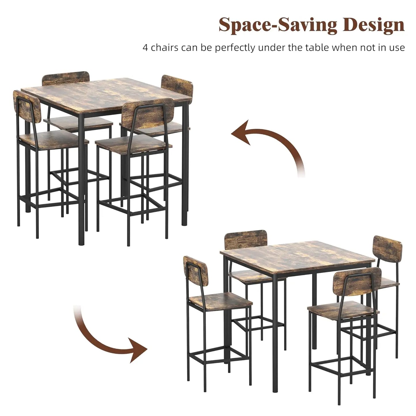 Kitchen Table and  4 Chairs, 5 Piece Dining Table Set, Sturdy,  Industrial Space -Saving, Dinette Set for Pub, Family, Customized