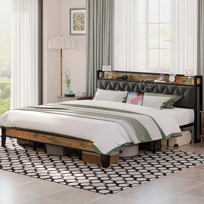 Twin/TwinXL/Full/Queen/King/California King Bed Frames, Storage Headboard with Outlets, No Noise, No Box Springs Needed