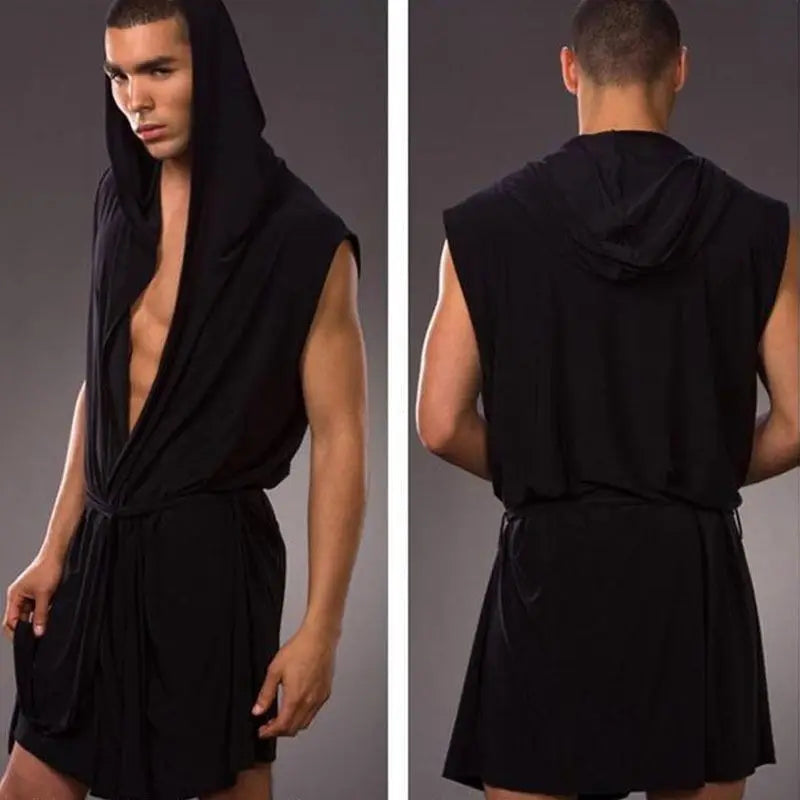 Men's Pajamas,  Sleeveless,  Oversized,  Silky,  Male Pajamas.   Hooded Bathrobe and Ultra-thin Homewear,  Bath Robe