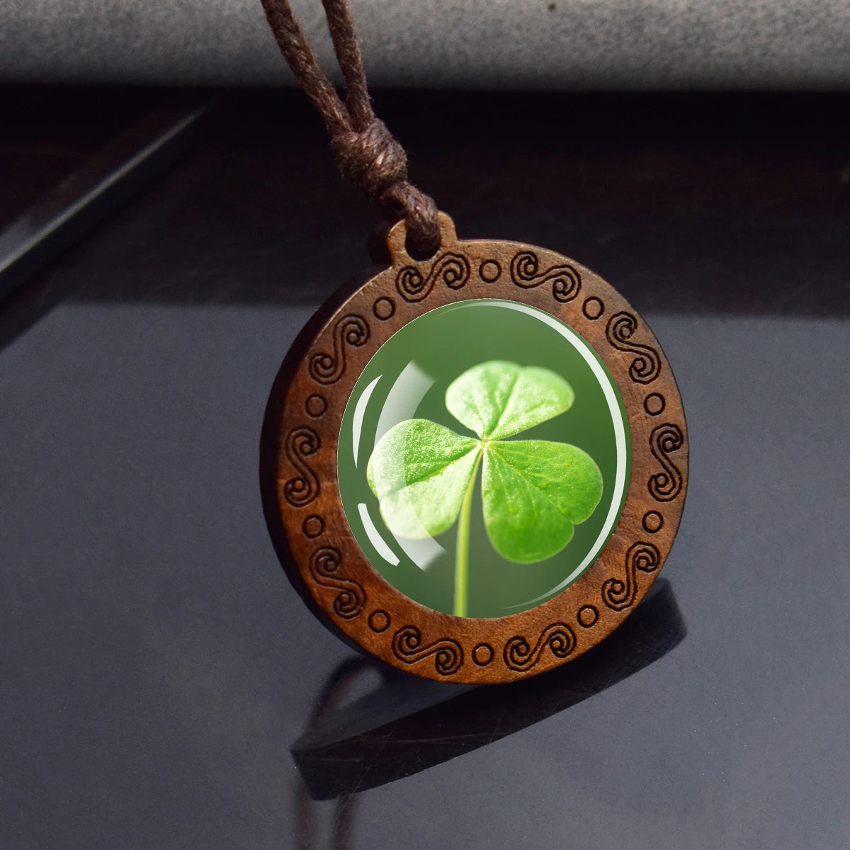 Four Leaf Clover Glass Dome Wooden Pendant Necklace,  Rope Chain,  Retro Jewelry,  St.Patrick's Day Gift