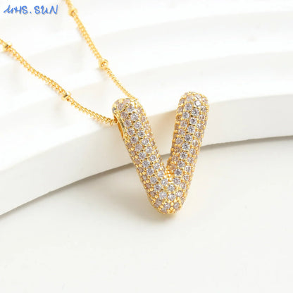 MHS.SUN Gold Plated Balloon 26 Letter Necklaces Copper Zircon Bubble Initial Pendant Chunky Women Personality Chain Jewelry