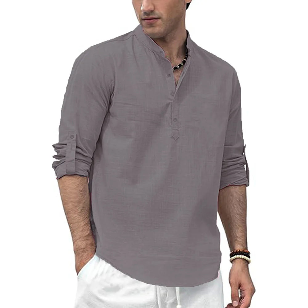 Men's Cotton /Linen Long Sleeve Shirt,  Lightweight with a  Henley Nec,  Beach- Style,  Solid Colors.