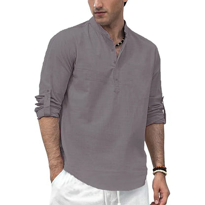 Men's Cotton /Linen Long Sleeve Shirt,  Lightweight with a  Henley Nec,  Beach- Style,  Solid Colors.