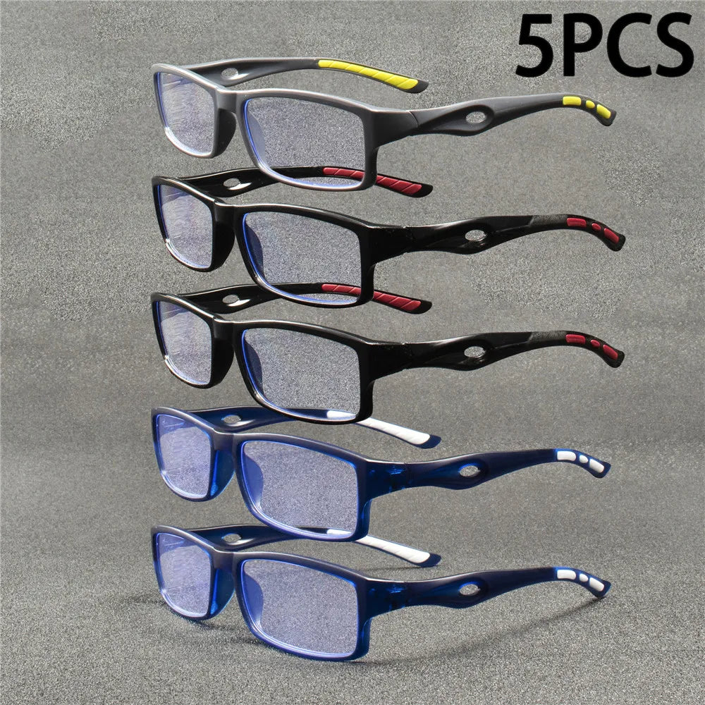 5PCS Sport Style Non-Prescription Reading Glasses Anti-Blue Light Rectangular Full Rim Eyewear, PC Frame Material.  There are 5 pc sets available in +2.50 and also +3.00.  Great Buy!!!