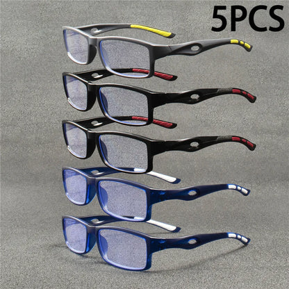 5PCS Sport Style Non-Prescription Reading Glasses Anti-Blue Light Rectangular Full Rim Eyewear, PC Frame Material.  There are 5 pc sets available in +2.50 and also +3.00.  Great Buy!!!