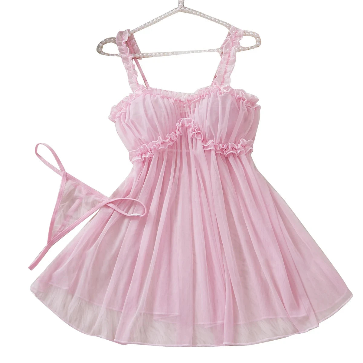Womens Perspective Mesh Nightdress  with Bow Wrapped Around Chest.   Pink,  Sexy Babydoll Lingerie  for Valentine Day Gift or any other Day.