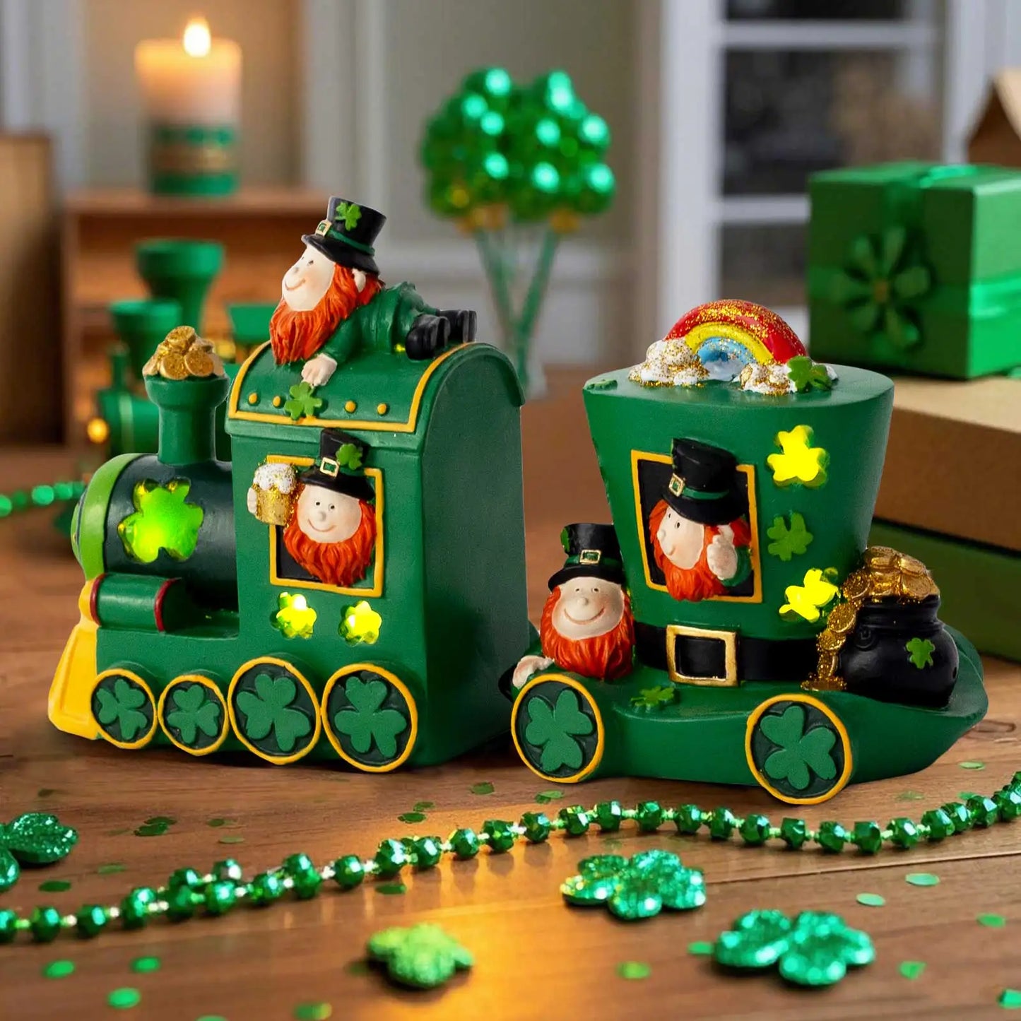 St Patricks Day Decorations For Home Train 2 Piece Set LED  Saint Patrick Gnomes Figurines Home Ireland Indoor Party Table Decor