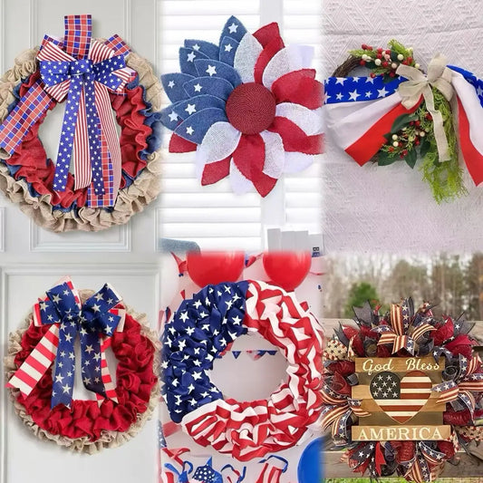 Handmade Memorial Day Wreath, July 4Th Decoration, Patriotic Wreath, Patriotic Independence Day Wreath Decoration, Red, White, and Blue Star and Stripe Pattern Bow Front Door Decoration, Suitable for Indoor and Outdoor Use, D