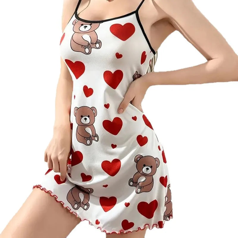 Cute  Summer  Teddy Bear /Hearts Printed Nightgown.  Womens Sleeveless Ruffled Hem Sleep Dress, Loungewear, Sleepwear, Sleeping dress. HAPPY MOTHERS DAY, EVERYONE!