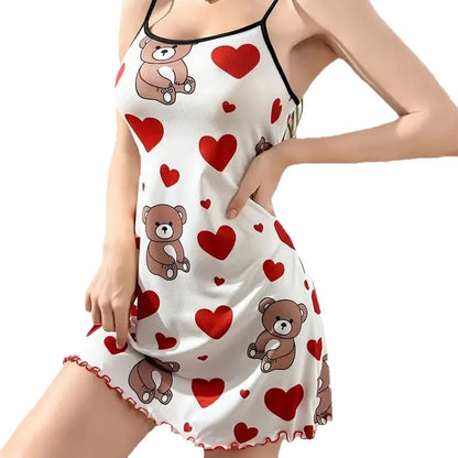 Cute  Summer  Teddy Bear /Hearts Printed Nightgown.  Womens Sleeveless Ruffled Hem Sleep Dress, Loungewear, Sleepwear, Sleeping dress. HAPPY MOTHERS DAY, EVERYONE!