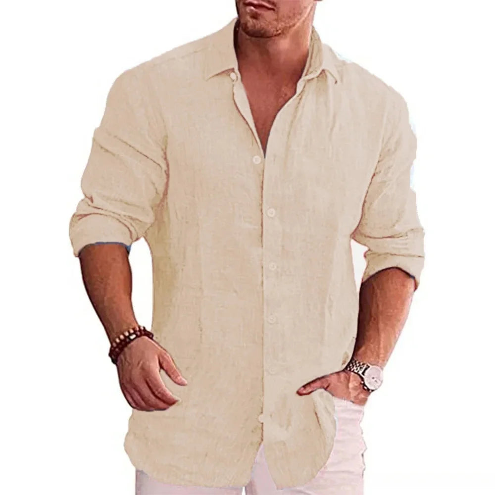 Cotton /Linen Autumn Men's Long Sleeve Shirt, Solid Colors, Casual Style,  Plus Sizes also