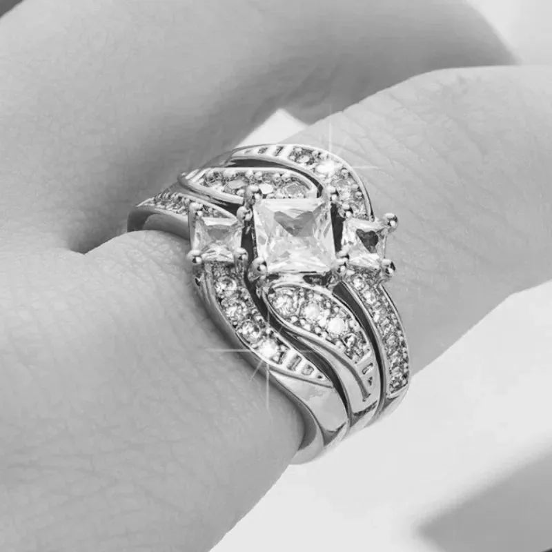 Charm Couple Rings. Romantic Women s Rhinestones CZ Rings Set  with  Trendy Mens  Stainless Steel Rings Wedding Band Jewelry For Lovers Gift