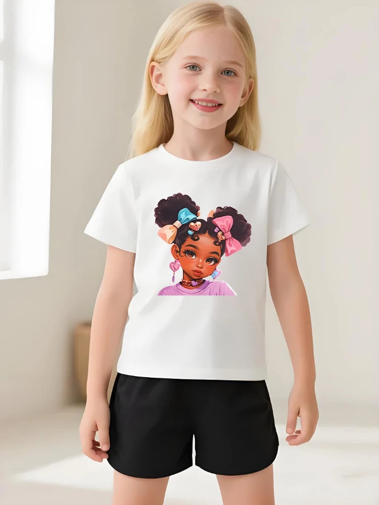 Girls Summer  Casual T Shirt, Fashion Printed Children's Short Sleeve Tops,  Kids Breathable Comfy Outdoor T's Black/ Pink /White