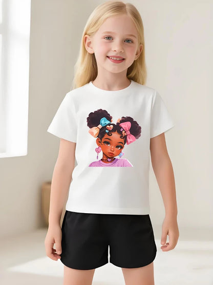 Girls Summer  Casual T Shirt, Fashion Printed Children's Short Sleeve Tops,  Kids Breathable Comfy Outdoor T's Black/ Pink /White