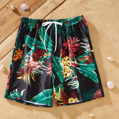 Family Matching Tropical Floral Print Swimwear Set: Dad Shorts, Mom One-Piece, Kid Swimsuit