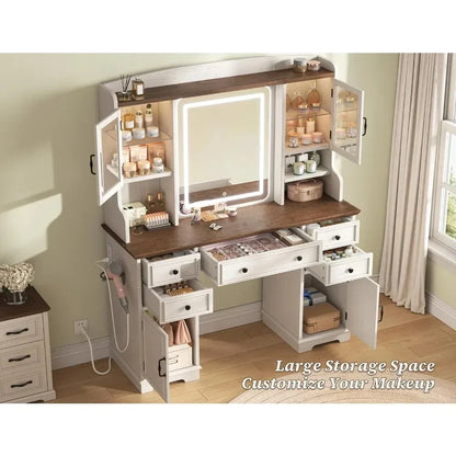 Farmhouse Vanity Desk with LED, Lighted Mirror, Makeup Table with RGB Storage 5-Drawer,  6-Shelf Dressing Table for Bedroom, Customized