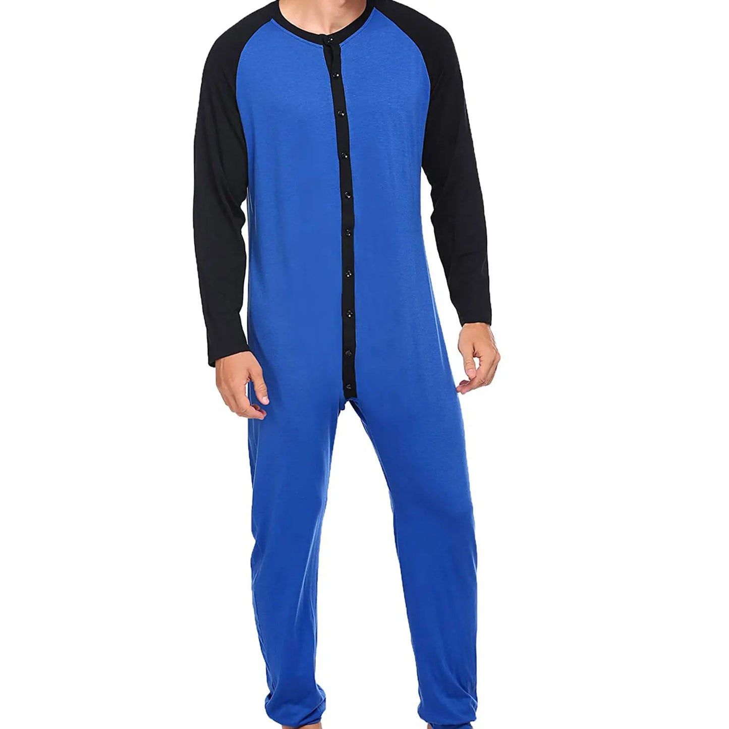 Men s Button Down  s Pajama Long Sleeve Round Neck Color Block Jumpsuit Nightwear For Adults