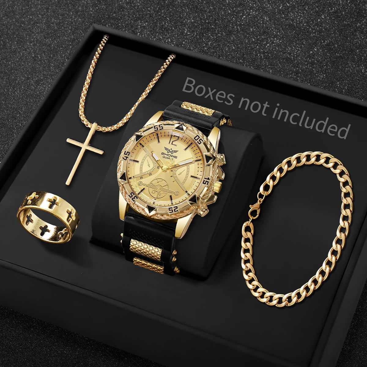 4PCS Fashion Arabic Dial Men s Business Quartz Watch with Casual Silicone Strap  on Wristwatch and including the 3- piece Necklace Set.(Without Box)All styles are available as I am typing.  This attractive set can easily be g