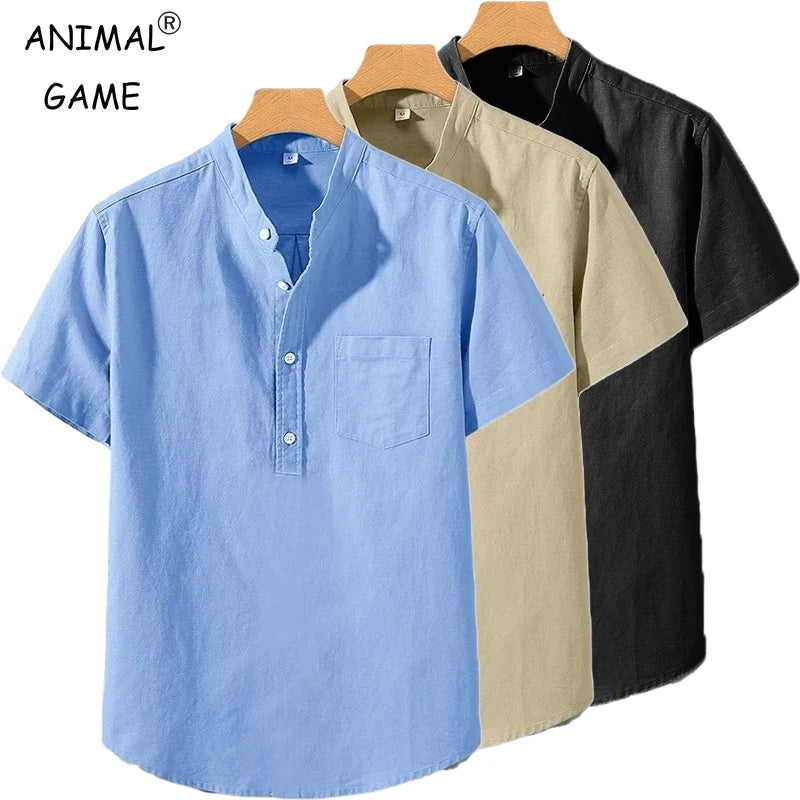 Mens Short Sleeve Shirts in  Solid Colors.   Stand Up Collar Shirt for Summer.   Trendy, Breathable,  Loose,  Basic Cotton Pocket