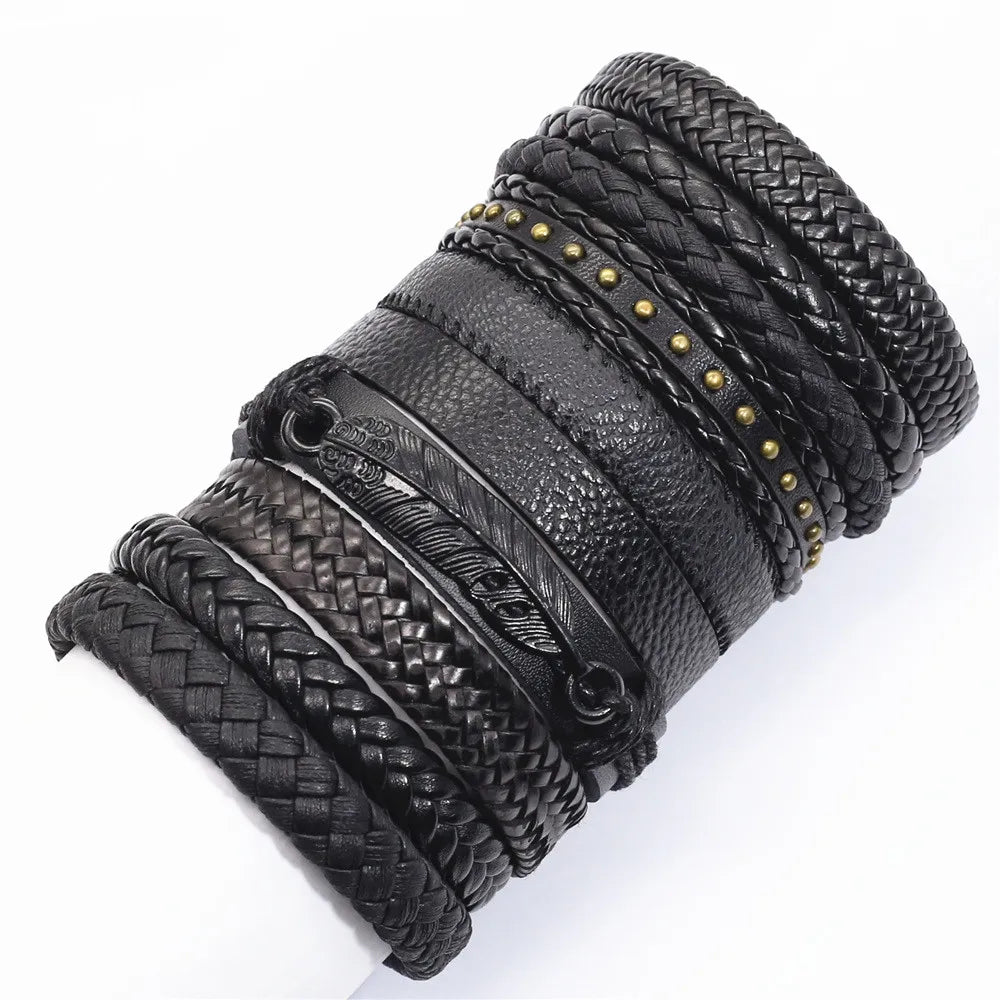 10 Pcs/set Black Wrap Woven, Handmade Mens  Bracelets. Male / Female Leather Bracelets.