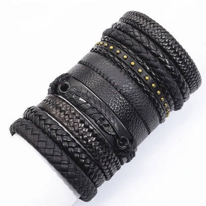 10 Pcs/set Black Wrap Woven, Handmade Mens  Bracelets. Male / Female Leather Bracelets.