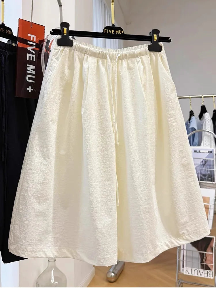 Quick Dry Thin Wide Leg Pants, Women's Elastic Waist Five-Point Shorts, Casual Straight Leg Acetate Fiber  for Summer