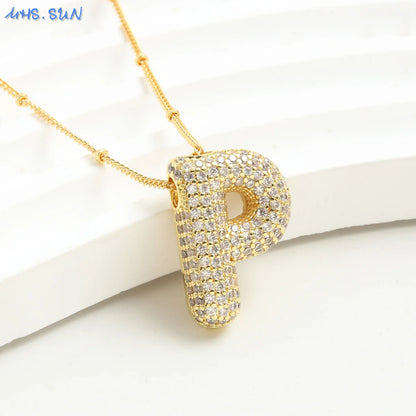 MHS.SUN Gold Plated Balloon 26 Letter Necklaces Copper Zircon Bubble Initial Pendant Chunky Women Personality Chain Jewelry