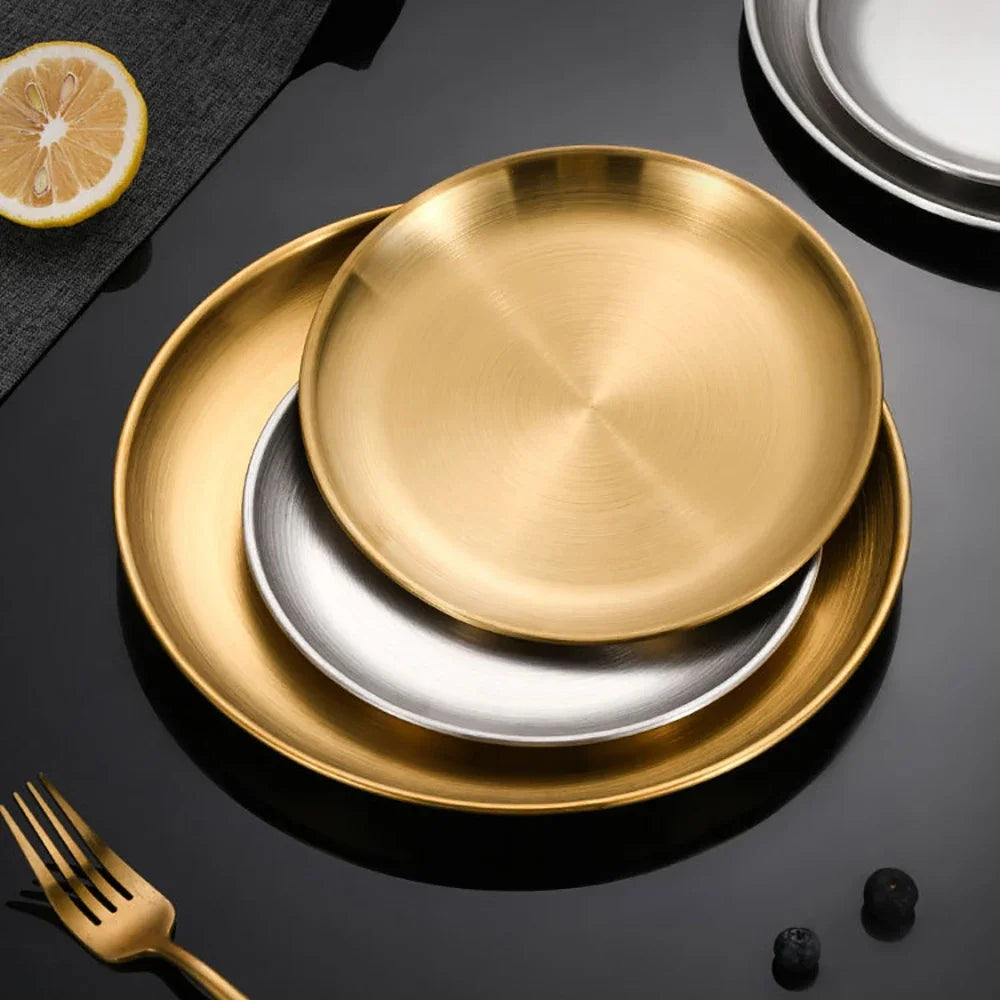 Stainless Steel Golden Round Plates Durable Circular Serving Dishes for Restaurants Home Dining, Buffets Plates Dinnerware