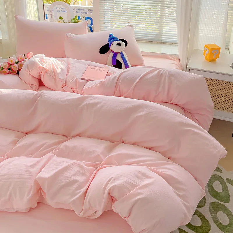 Solid Bed Linen Cotton Bedding Set 4pcs with Sheet Duvet Cover,  Pillowcases, Single/  Couple Bedsheet Single / Couple Twin Size