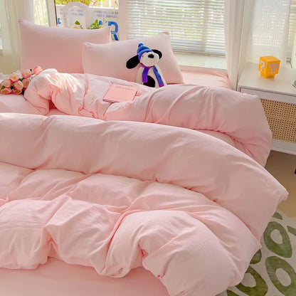 Solid Bed Linen Cotton Bedding Set 4pcs with Sheet Duvet Cover,  Pillowcases, Single/  Couple Bedsheet Single / Couple Twin Size