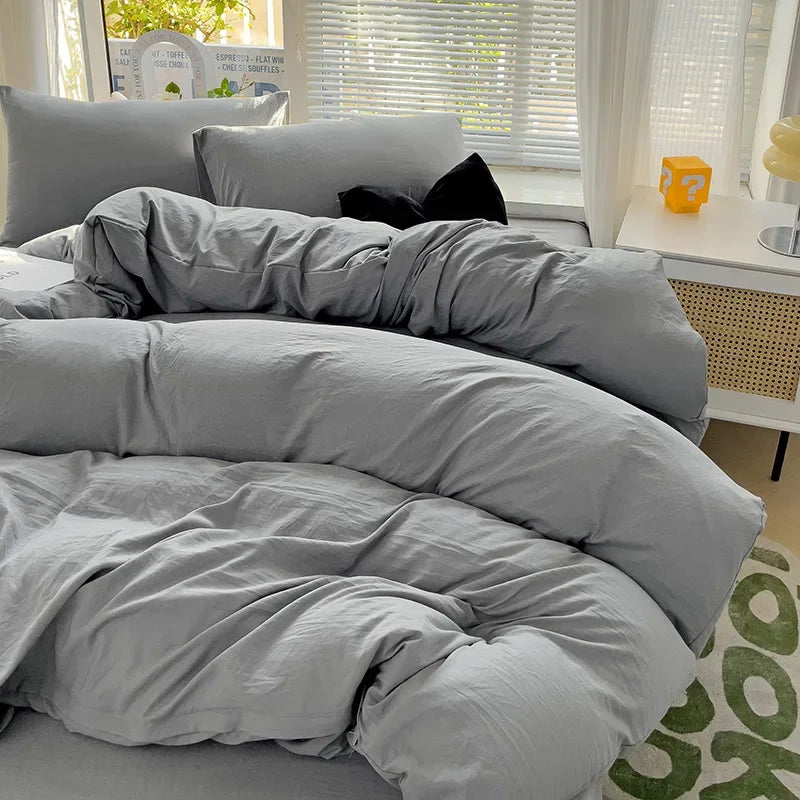 Solid Bed Linen Cotton Bedding Set 4pcs with Sheet Duvet Cover,  Pillowcases, Single/  Couple Bedsheet Single / Couple Twin Size