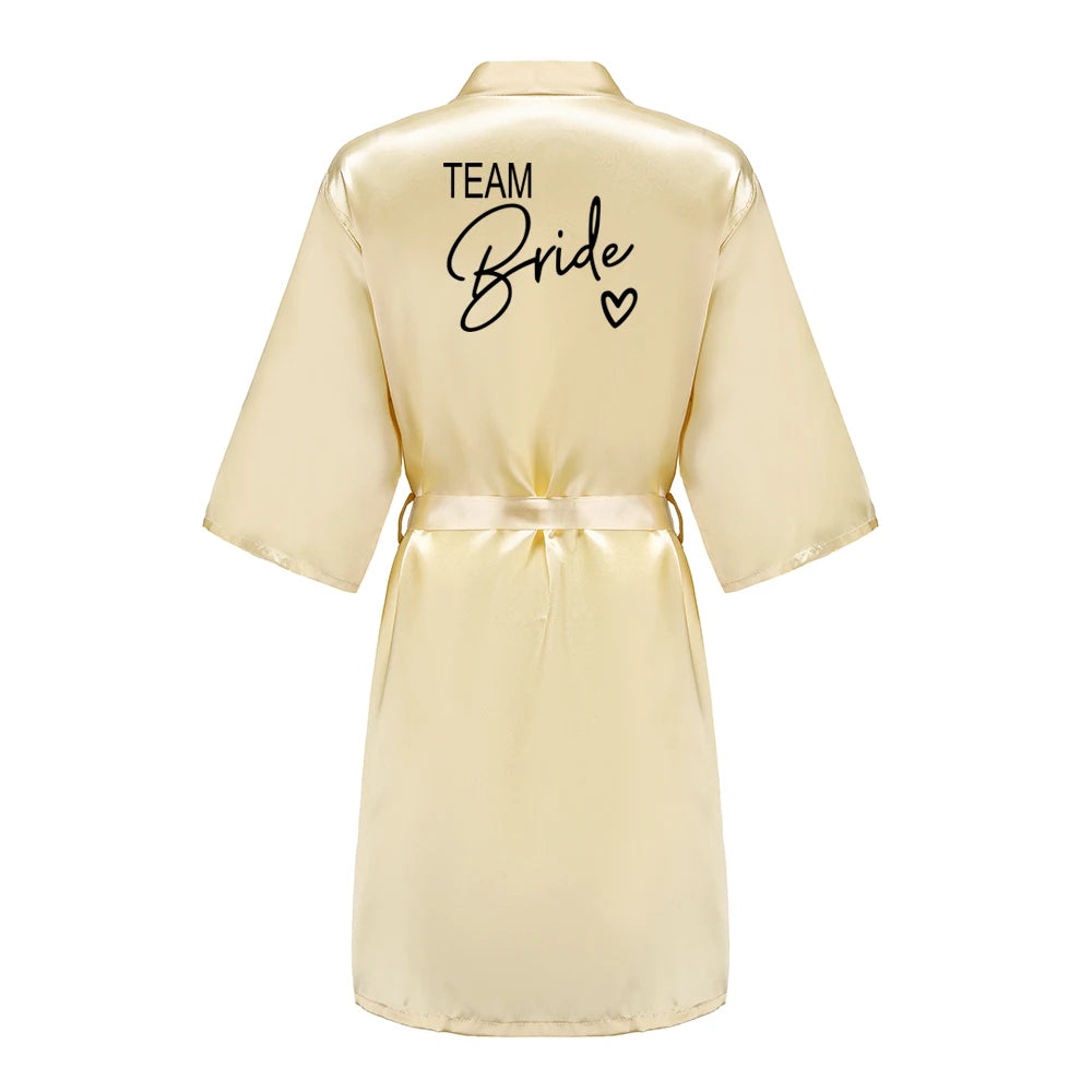 Wedding Party Team Bride Robe With Black Letters, Kimono Style Satin Bridesmaid Bathrobes