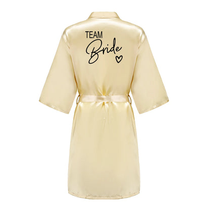 Wedding Party Team Bride Robe With Black Letters, Kimono Style Satin Bridesmaid Bathrobes
