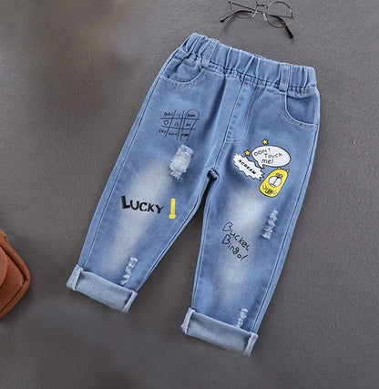 Children Jeans,   Boys Cotton Print Splice Stretch Denim Pants,  Teenage Trousers Wear,  Kids Clothing, Denim, Ripped,  Spring /Autumn