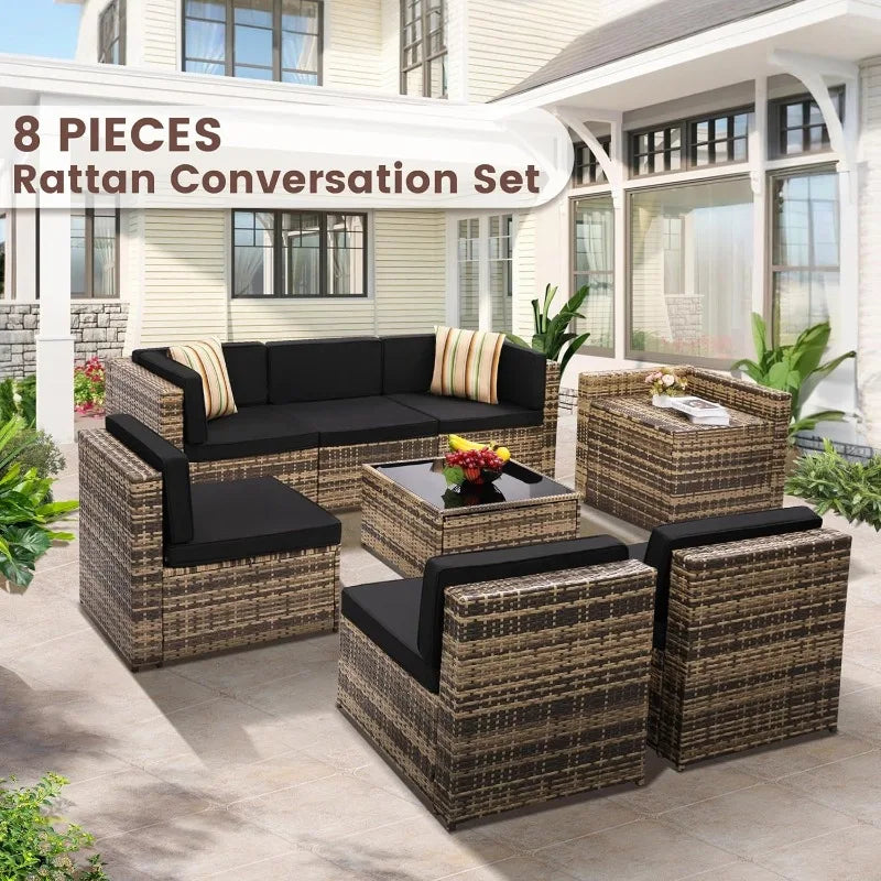 8- Piece Outdoor Wicker Patio Furniture Sectional Set, Glass Top Table With Hidden Storage, Includes 7 Seating Components