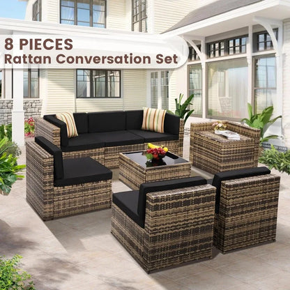 8- Piece Outdoor Wicker Patio Furniture Sectional Set, Glass Top Table With Hidden Storage, Includes 7 Seating Components