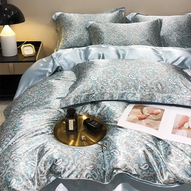 High-end Natural Mulberry Silky Blending Duvet Cover Set with Sheets,  Satin Blending, Silky Bedding Set,  Luxury Queen Bedding Sets