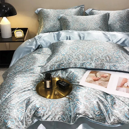 High-end Natural Mulberry Silky Blending Duvet Cover Set with Sheets,  Satin Blending, Silky Bedding Set,  Luxury Queen Bedding Sets