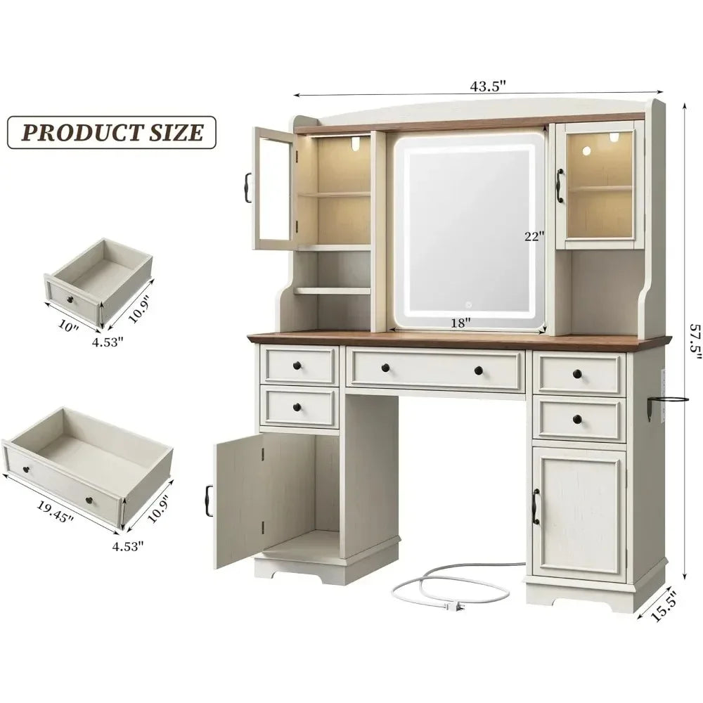 Farmhouse Vanity Desk with LED, Lighted Mirror, Makeup Table with RGB Storage 5-Drawer,  6-Shelf Dressing Table for Bedroom, Customized