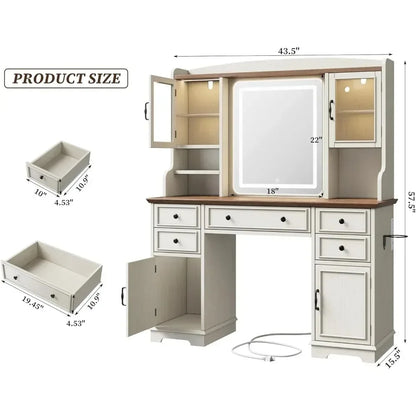 Farmhouse Vanity Desk with LED, Lighted Mirror, Makeup Table with RGB Storage 5-Drawer,  6-Shelf Dressing Table for Bedroom, Customized